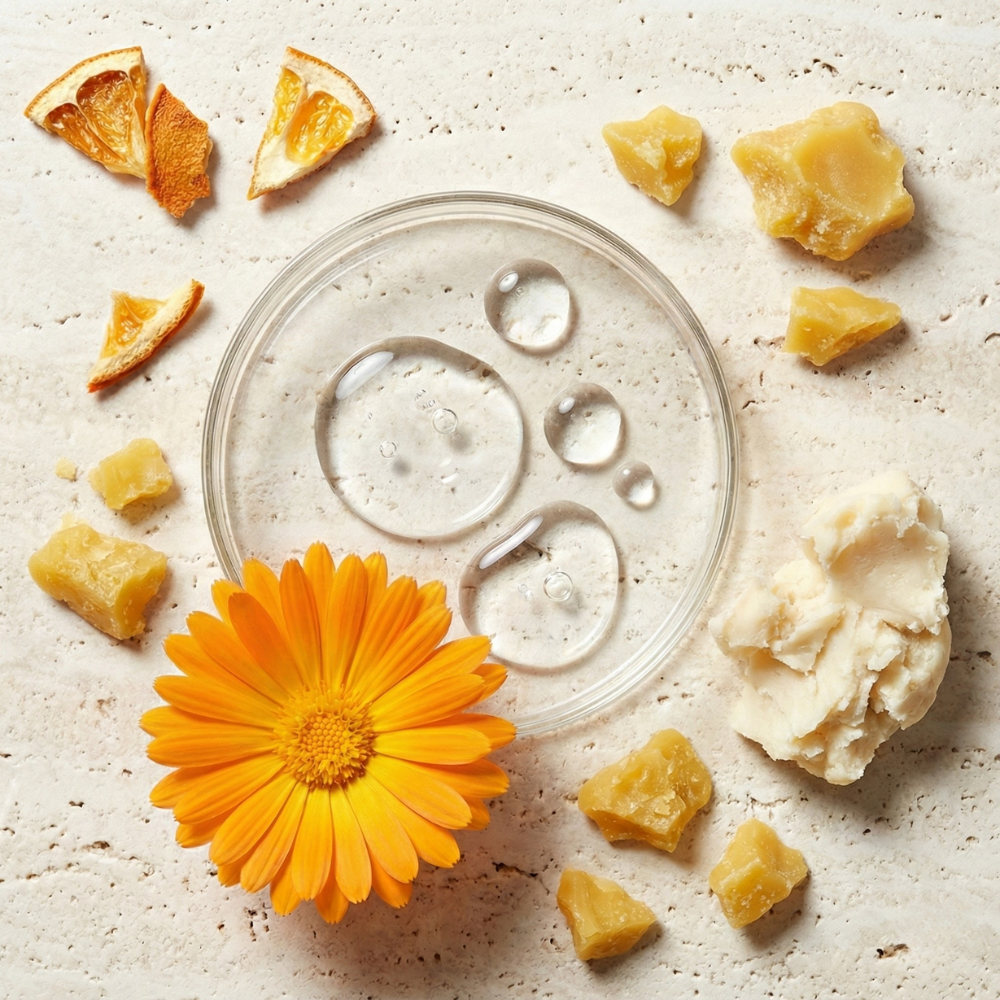 Clear dish with water droplets surrounded by orange flower, yellow bee venom, and orange slices on a textured beige background