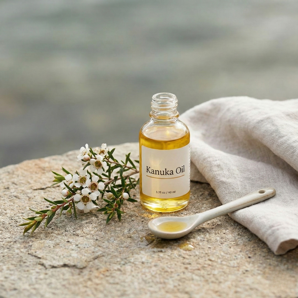 Kanuka oil bottle with a spoonful of oil and a branch on a stone surface.