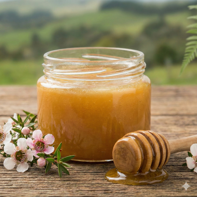 Jar of manuka honey with a wooden dipper on a wooden surface with flowers in the background