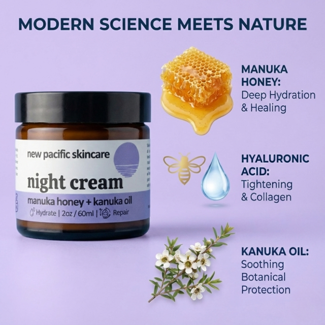New Pacific Skincare night cream with manuka honey, kanuka oil, and hyaluronic acid on a purple background.