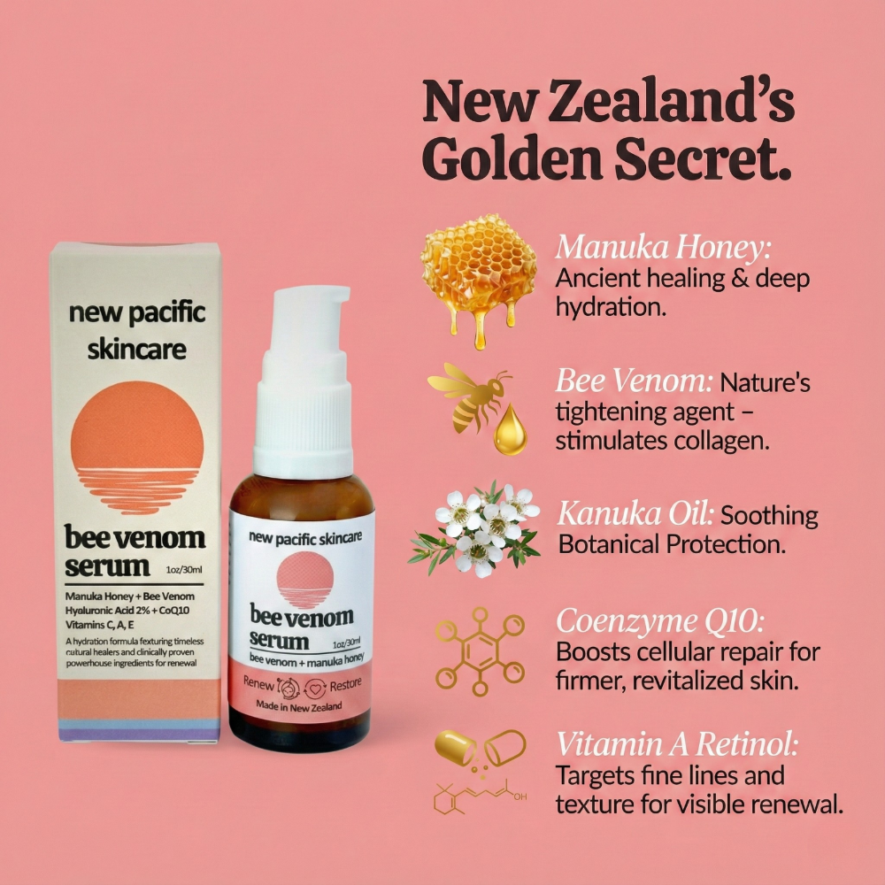 New Zealand skincare serum with packaging on a pink background, featuring text about ingredients.