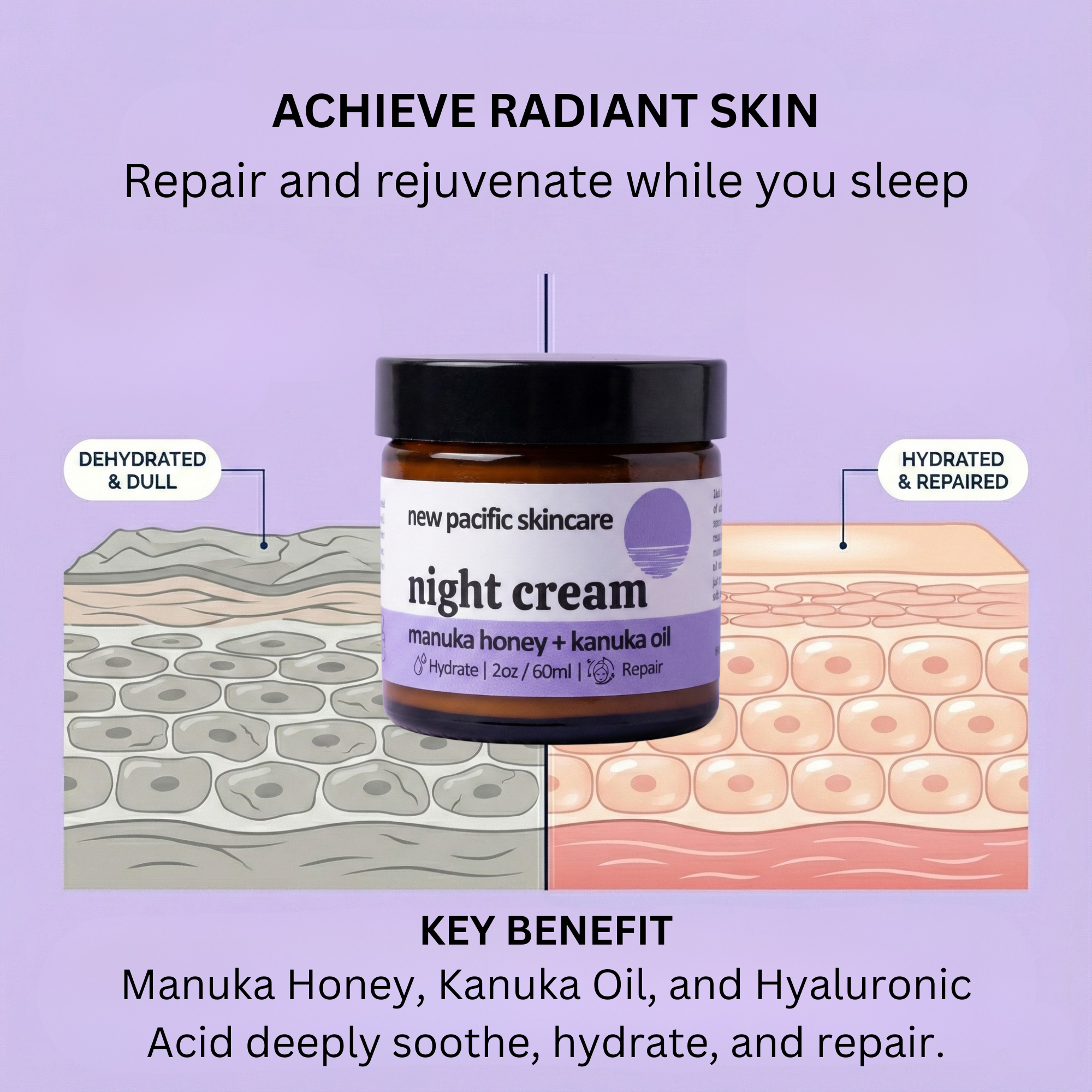 Night cream jar with skin hydration illustration on a purple background