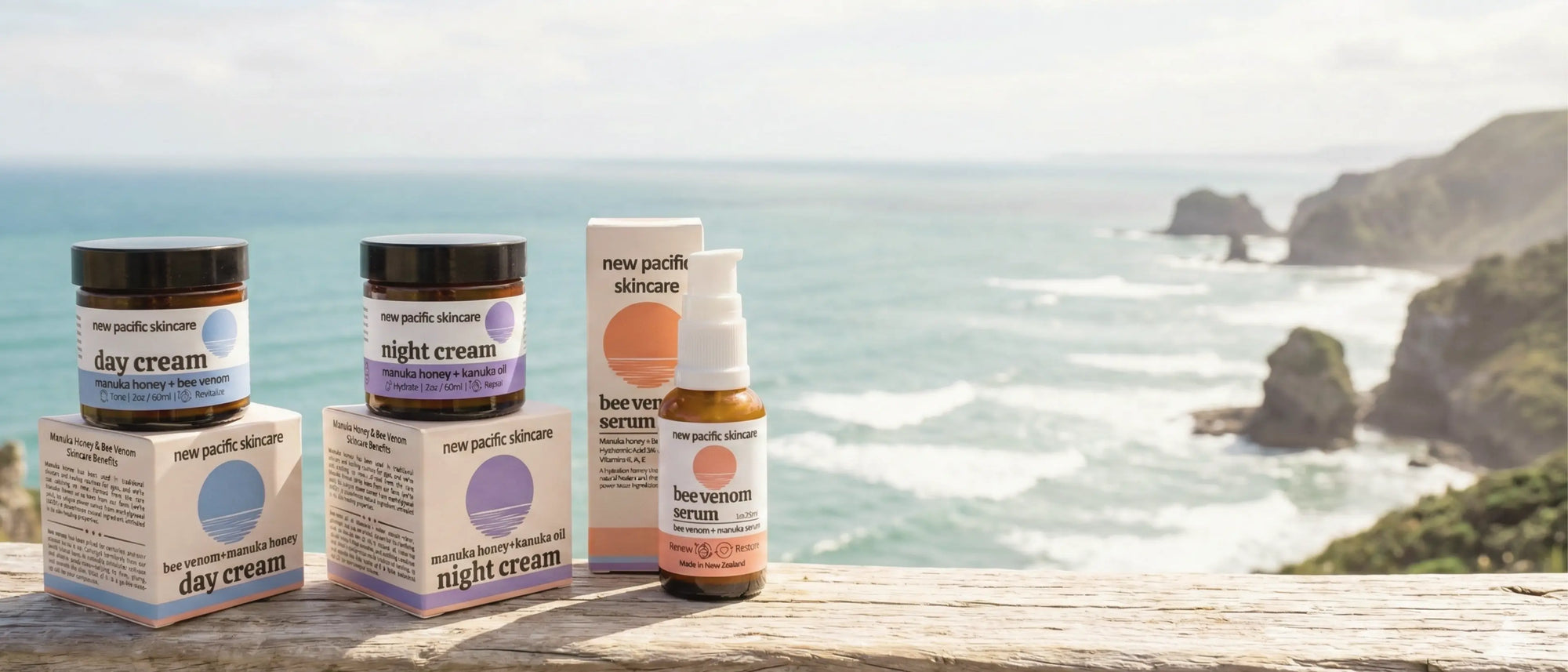 luxury new zealand skincare collection featuring active bee venom serum and kanuka oil night cream for anti inflammatory skin repair and deep hydration