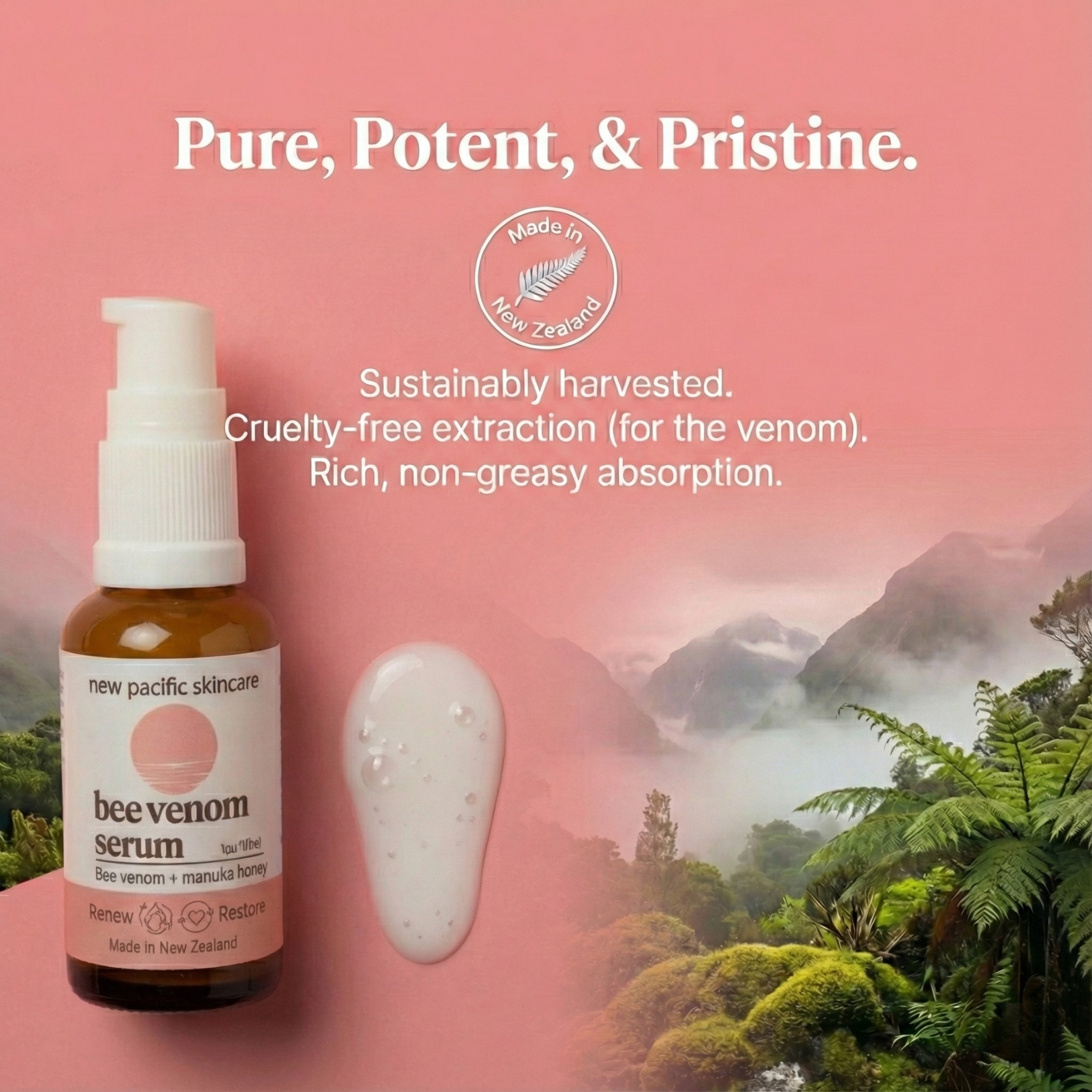 Bee venom serum bottle with mountain and forest background on a pink gradient