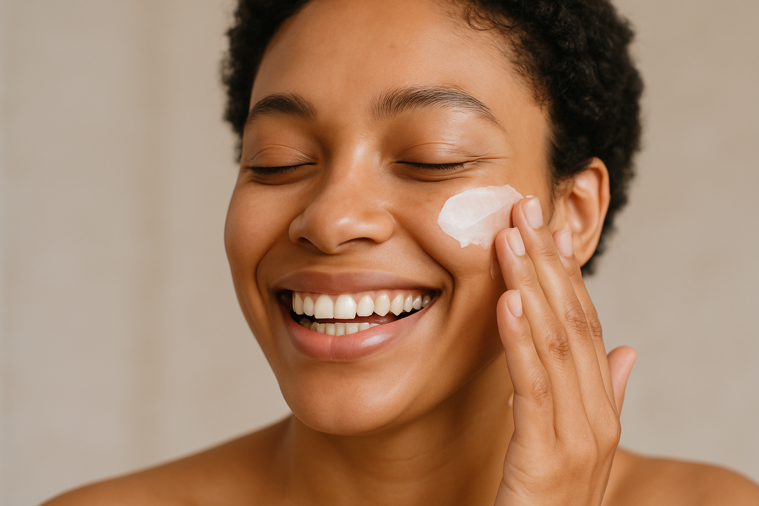 smiling person with skincare cream on their face