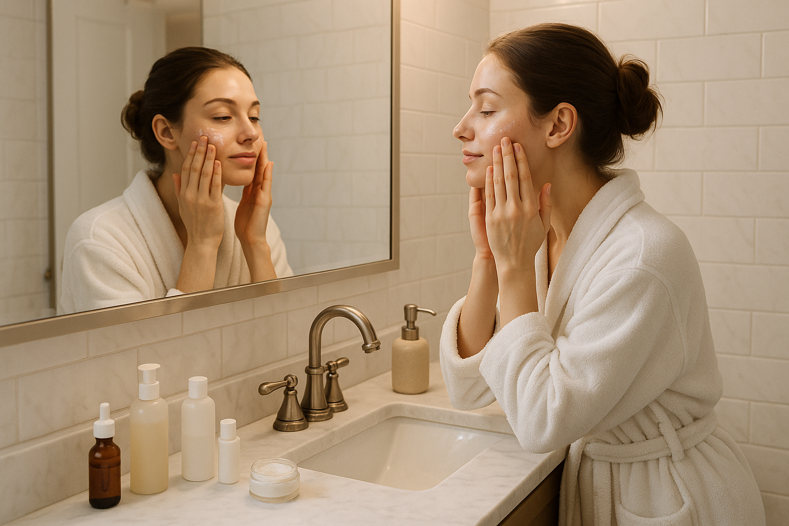 woman in the bathroom looking in a mirror skincare routine